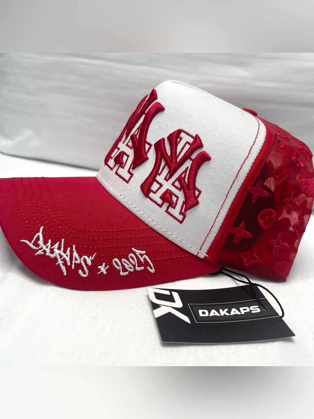 Dakaps Red and White Trucker Hat with Embroidered NY Logo